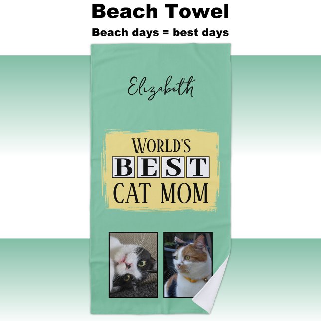 Serviette De Plage Meilleur chat maman 2 photo nom vert jaune (Créateur téléchargé)