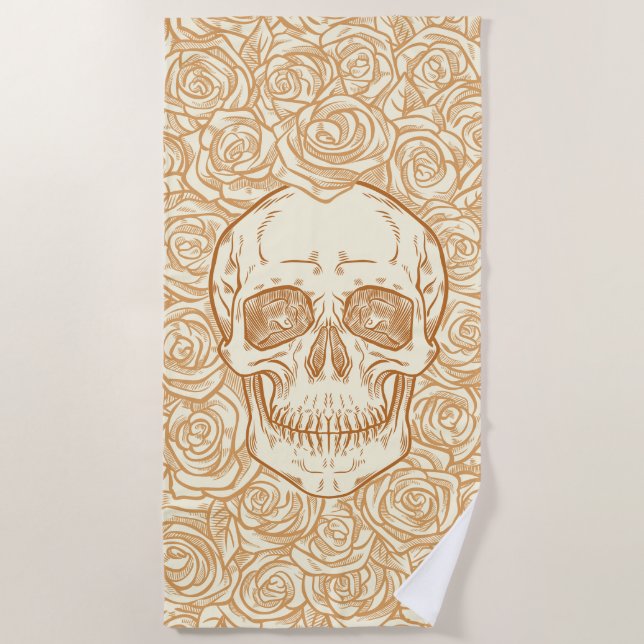 Serviette De Plage Memento Mori ! Crâne et Roses, main tirée (Devant)