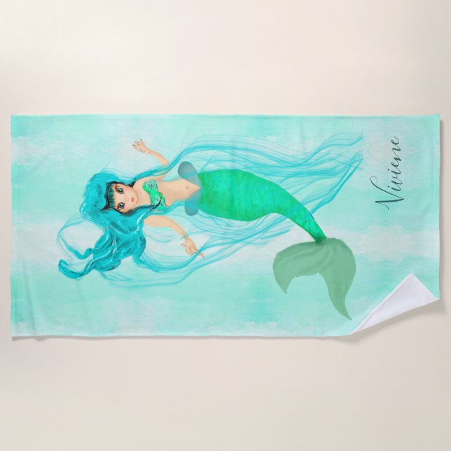 Serviette De Plage Mermaid Green Tail Girl Blue Monogramme (Devant)