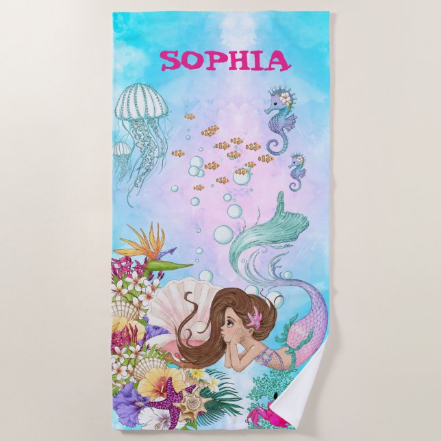 Serviette De Plage Mermaid Pink Blue Starfish Cute personnelle (Devant)