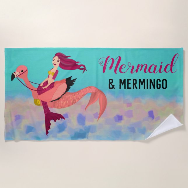 Serviette De Plage Mermingo blanc mou et sirène rose (Devant)