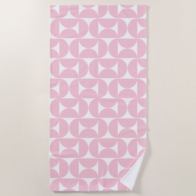 Serviette De Plage Mi-Siècle Moderne Bébé rose et blanc Motif (Devant)