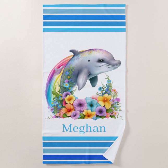 Serviette De Plage mignon amoureux dauphins ajouter nom (Devant)