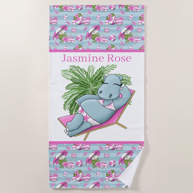 Serviette De Plage mignon hippo amateur ajouter nom (Devant)