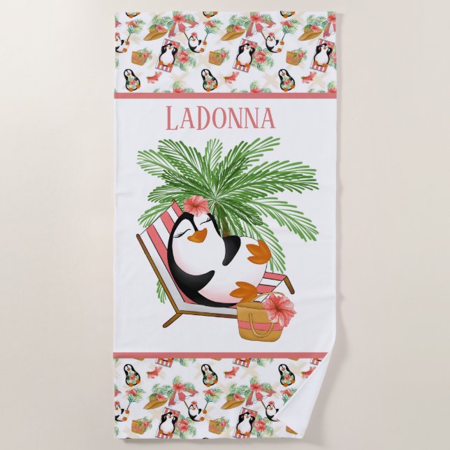 Serviette De Plage mignon pingouin de plage ajouter le nom Beach Towe (Devant)