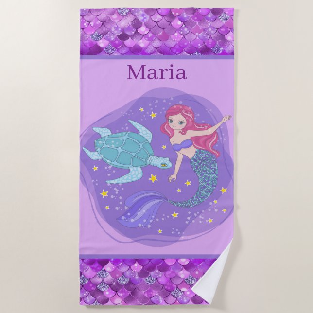 Serviette De Plage mignonne filles mermaid ajouter nom (Devant)
