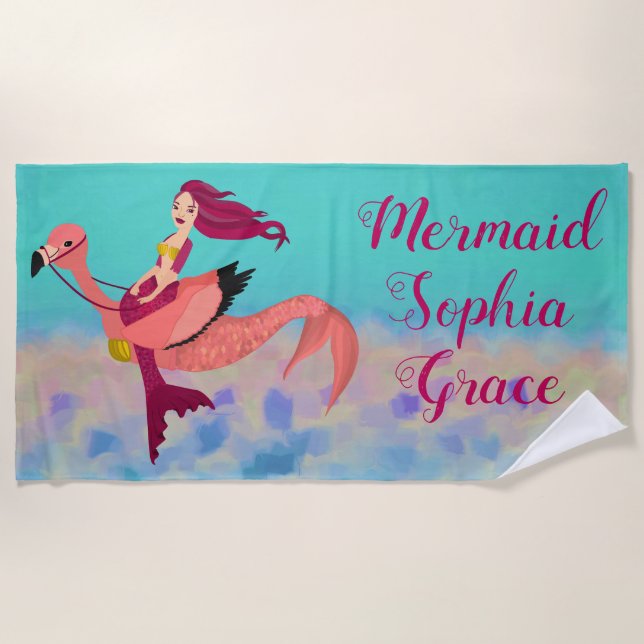 Serviette De Plage Mignonne sirène mauve personnalisée & Mermingo ros (Devant)