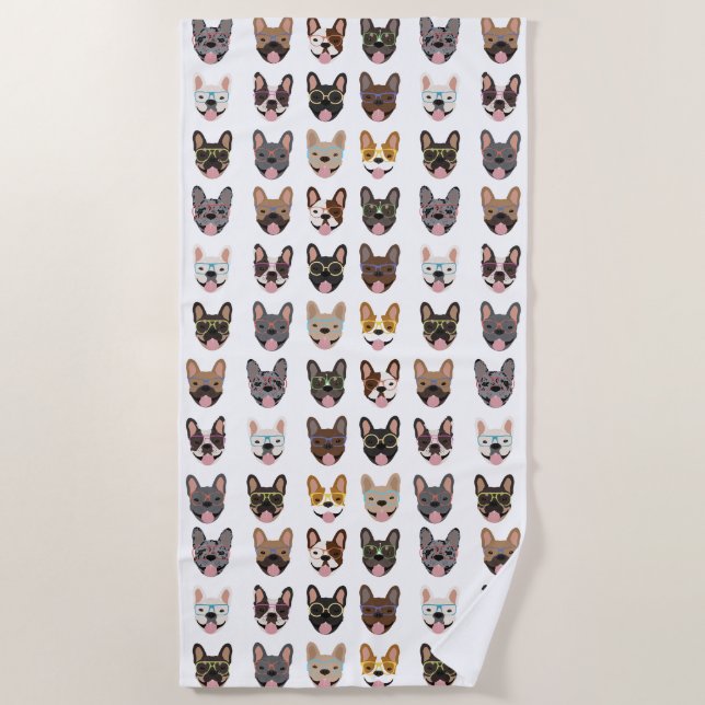 Serviette De Plage Mignons Bulldogs français portant des lunettes (Devant)