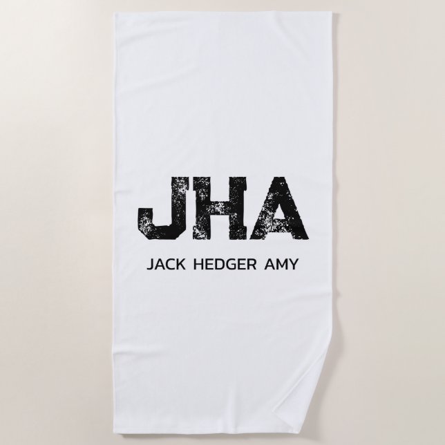SERVIETTE DE PLAGE MINIMALIST BLACK THREE LETTER MONOGRAM NAME WHITE (Devant)