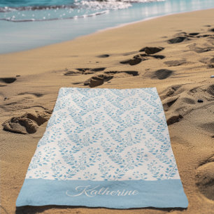 Serviette De Plage Minimaliste Vintage Bleu Poussiéreux Crème Floral 