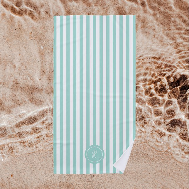 Serviette De Plage Mint French Beach Stripe Personnalisé Monogramme (Créateur téléchargé)