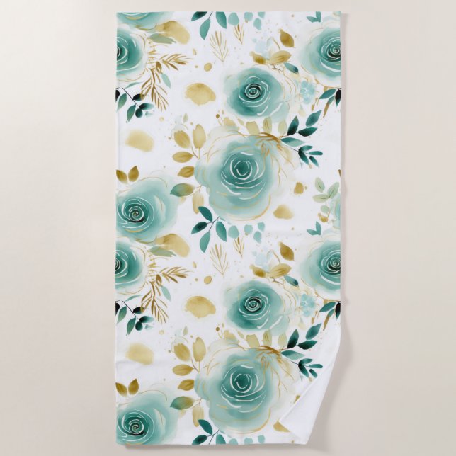 Serviette De Plage Mint Vert Blanc or Rose Floral (Devant)