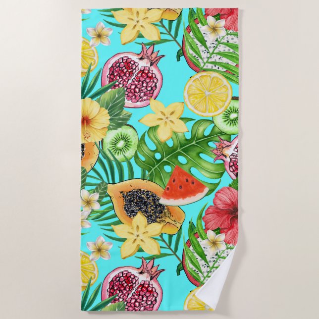 Serviette De Plage Mix-fruit tropical, fleurs et feuilles en bleu (Devant)