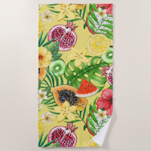 Serviette De Plage Mix-fruit tropical, fleurs et feuilles sur jaune