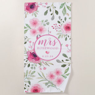 Serviette De Plage Mme Date Fleurs Aquarelle Rose Tendre