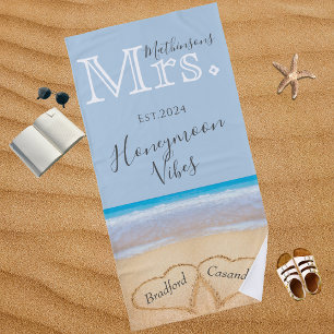 Serviette De Plage Mme Dusty Blue Beach Mariage 2 Coeurs Sable  