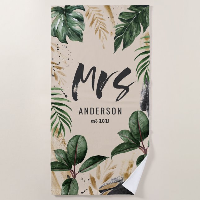 Serviette De Plage Mme typographie noire tropicale verte  (Devant)