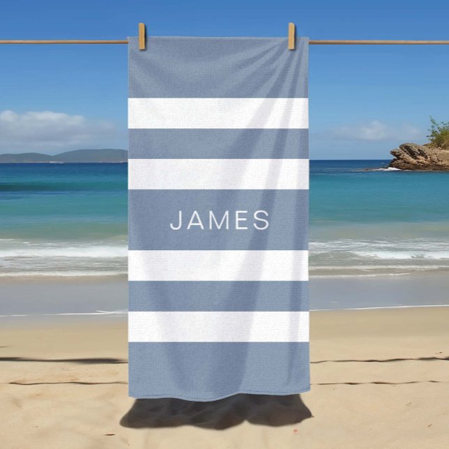 Serviette De Plage Modern Dusty Blue Striped Name (Modern Dusty Blue Striped Name Beach Towel)