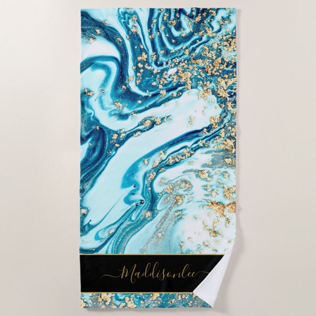 Serviette De Plage Moderne Bleu Or Chic Marbre Agate Monogramme Nom (Devant)