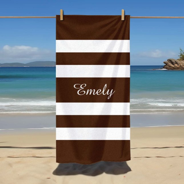 Serviette De Plage Moderne Élégant Brown Et Blanc Grandes Motif (Custom Name Modern Elegant Brown And White Stripes Pattern Beach Towel)