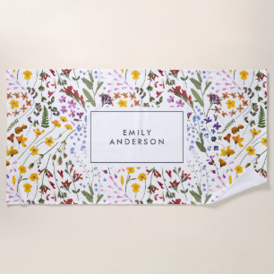 Serviette De Plage Moderne girly floral coloré initial bleu marine