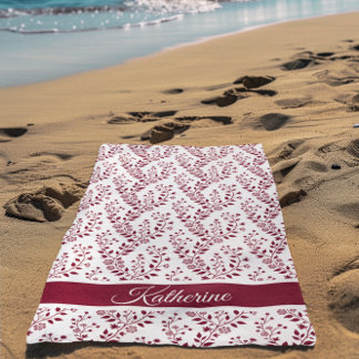 Serviette De Plage Moderne Minimaliste Bordeaux Rouge Blanc Script Fl
