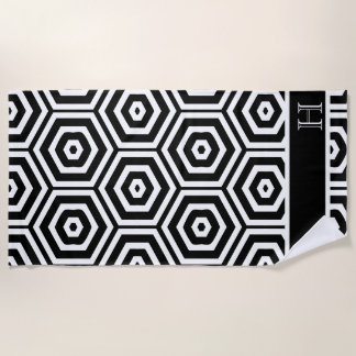 Serviette De Plage Moderne Monogram élégant Salle de bain noir et bla