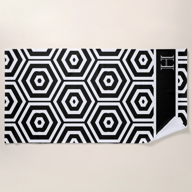 Serviette De Plage Moderne Monogram élégant Salle de bain noir et bla (Devant)