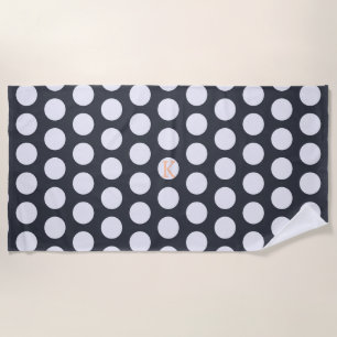 Serviette De Plage Moderne Monogramme Bleu Nuit et Blanc à pois