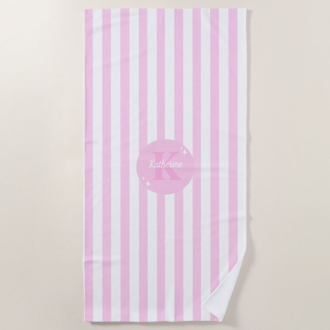 Serviette De Plage Moderne Pastel rose Monogramme Feminine Striped (Devant)