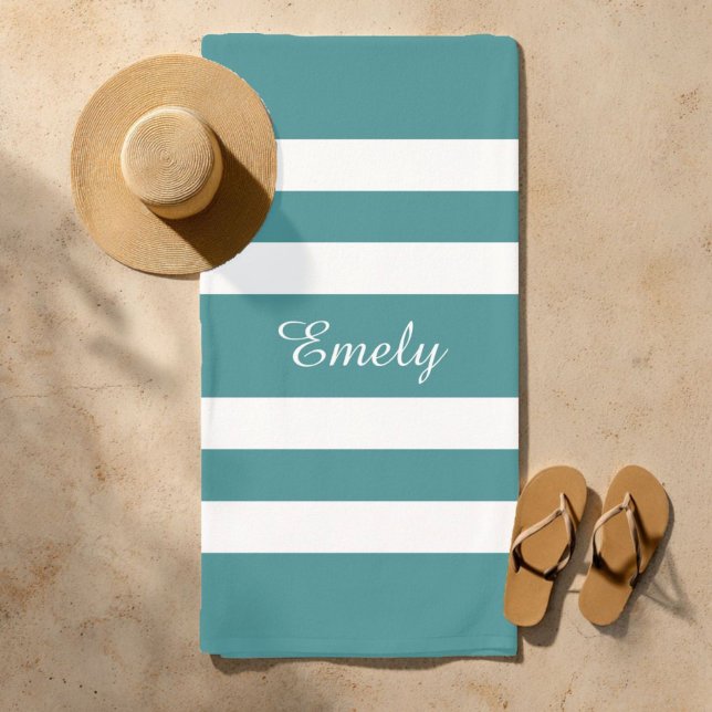 Serviette De Plage Moderne rayé vert sarcelle (Modern Teal Green Striped Beach Towel)