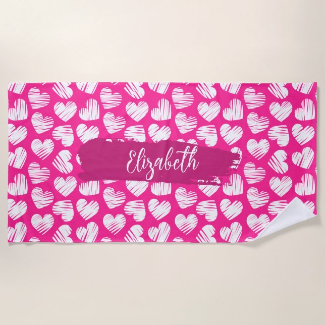 Serviette De Plage Moderne rose et blanc Doodled Heart Valentine Nom (Devant)