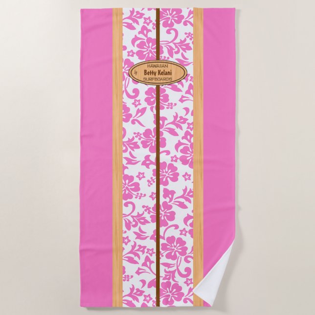 Serviette De Plage Mokuleia Hawaiian Faux Wood Monogram Surboard (Devant)