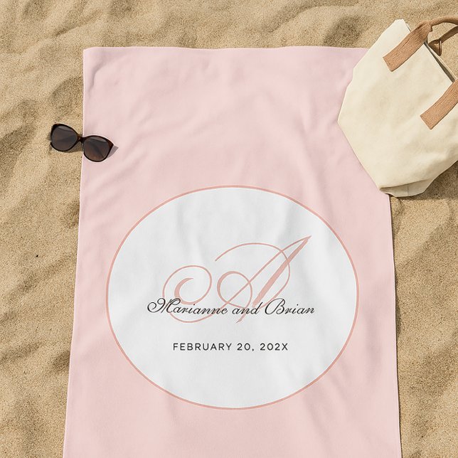 Serviette De Plage Monogram Blush Pink and White (Wedding anniversary or honeymoon memory gift)