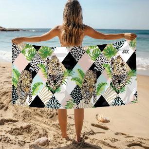 Serviette De Plage Monogram Leopard Wild Jungle Moderne Girly Chic