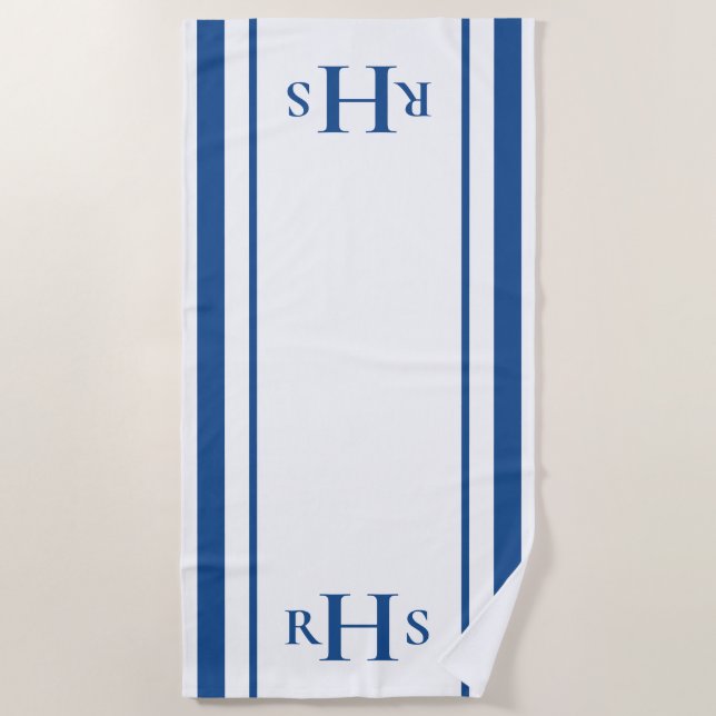 Serviette De Plage Monogramme à rayures bleu et blanc classique (Devant)