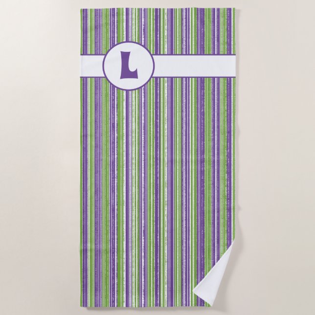Serviette De Plage Monogramme à rayures violettes, vertes et blanches (Devant)