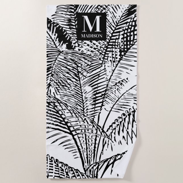 Serviette De Plage Monogramme Abstrait Feuille noir et blanc Palm Tre (Devant)