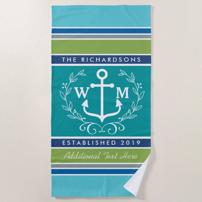 Serviette De Plage Monogramme Ancre Laurel Wreath Stripes Aqua (Devant)