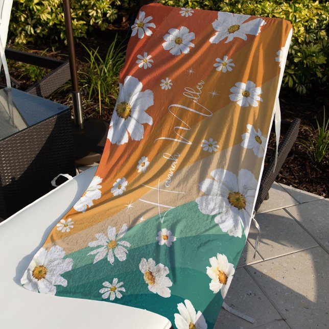 Serviette De Plage Monogramme Arc-en-ciel Floral Retro Daisy (Créateur téléchargé)