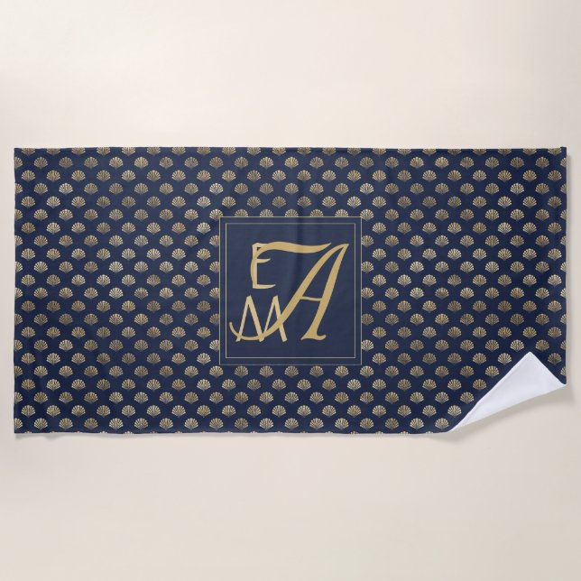 Serviette De Plage Monogramme ART DECO Coques Marine Blue Gold Nouvea (Devant)