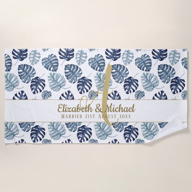 Serviette De Plage Monogramme Azure Blue Tropical Feuilles Gold Nouve (Devant)