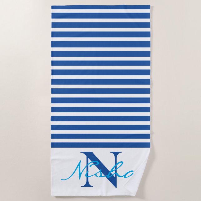 Serviette De Plage Monogramme Bleu Blanc (Devant)