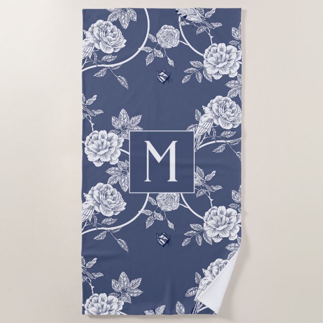 Serviette De Plage Monogramme bleu Chinoiserie Fleurs et oiseaux (Devant)