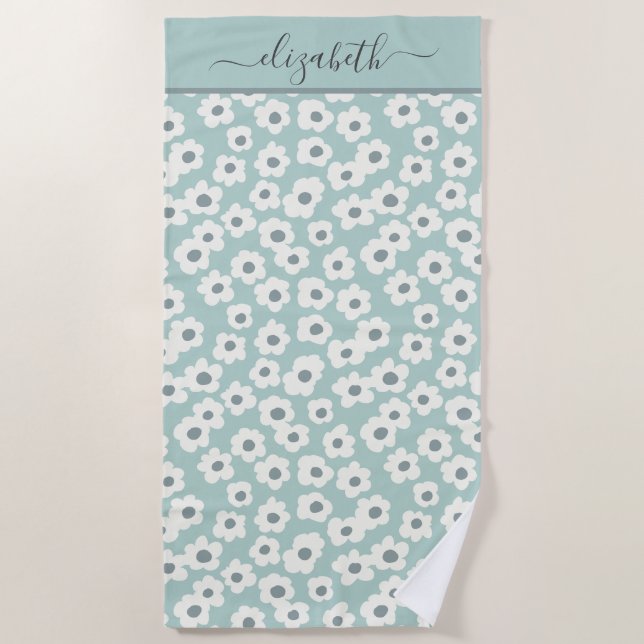 Serviette De Plage Monogramme Boho Sage Vert Blanc Gris Floral (Devant)