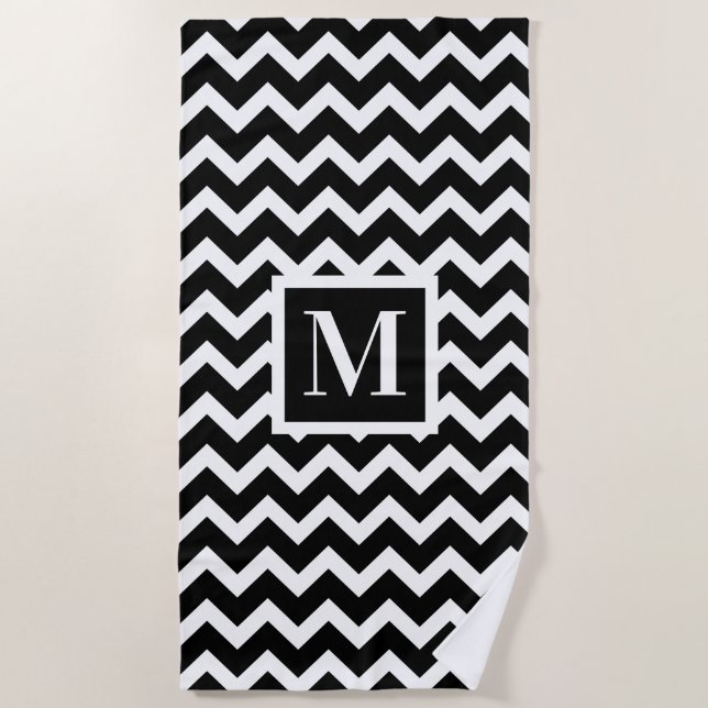 Serviette De Plage Monogramme Chevron moderne noir et blanc (Devant)