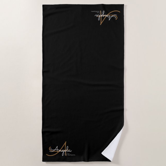 Serviette De Plage monogramme chic élégant sur noir (Devant)