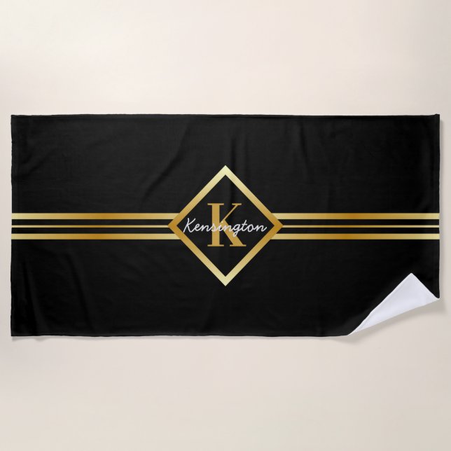Serviette De Plage Monogramme classique Faux Gold avec texte blanc su (Devant)