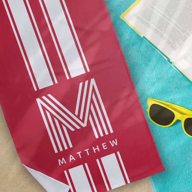 Serviette De Plage Monogramme cool rouge blanc racer (Créateur téléchargé)