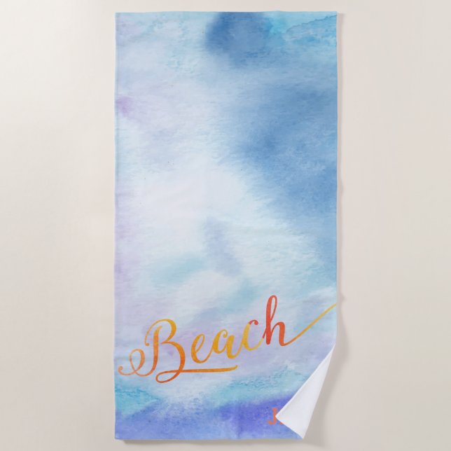 Serviette De Plage Monogramme d'aquarelle bleu (Devant)
